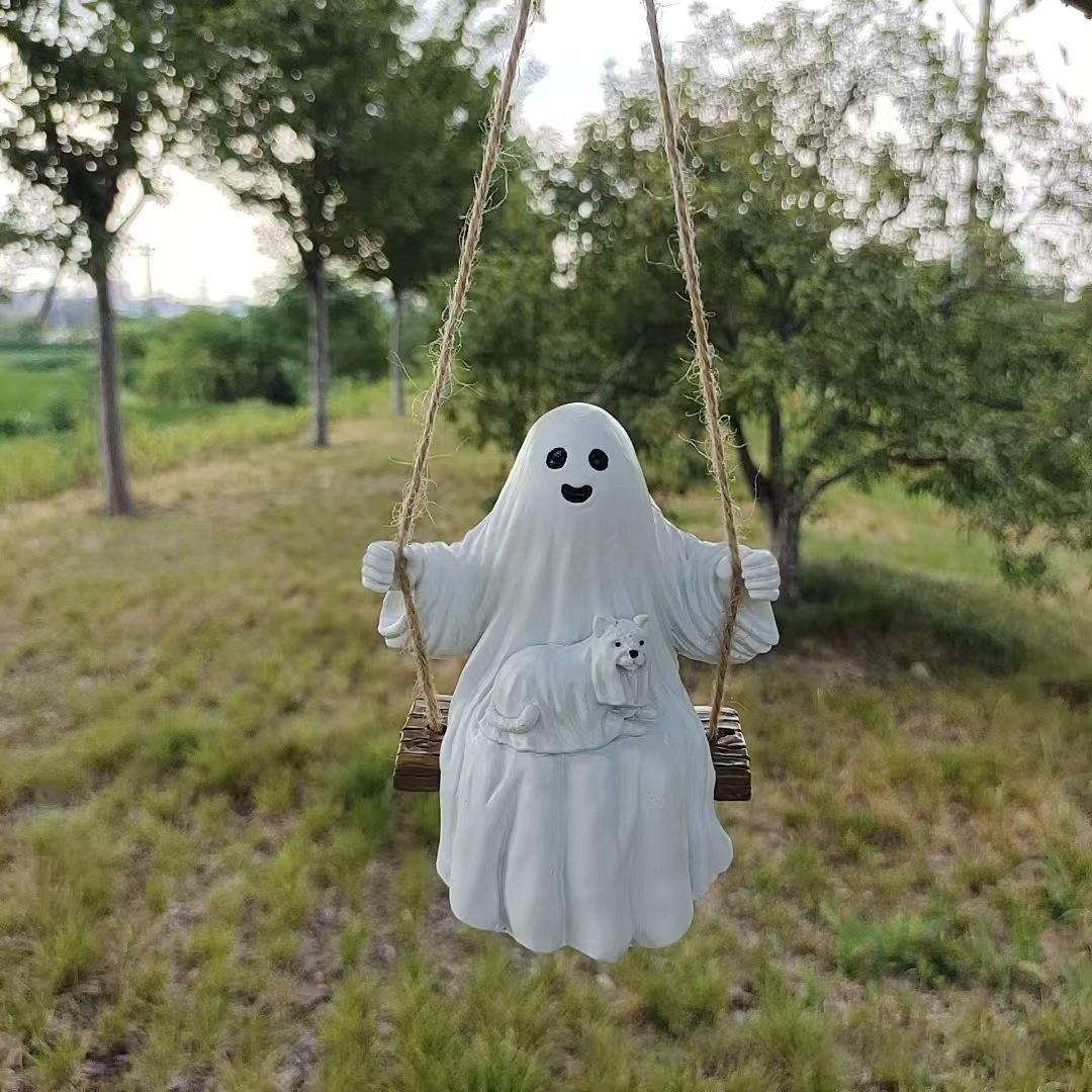 Ghost and Witch Pendant Set: Black-Clad Ghost Swing, White-Clad Ghost with Cat, Purple-Clad Witch for Courtyard & Garden Decor