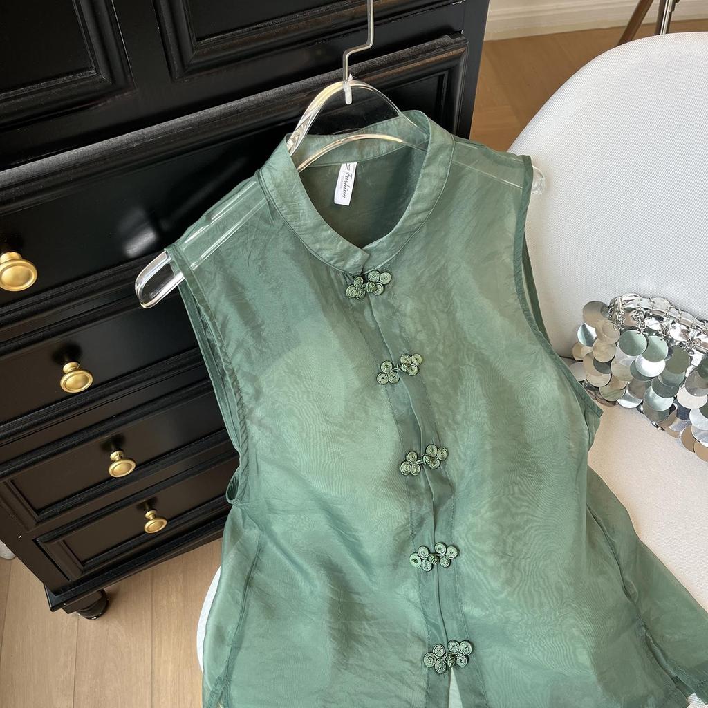 Vintage High-End Organza Weste Damen Sommer Schnalle Dünnes Westentop