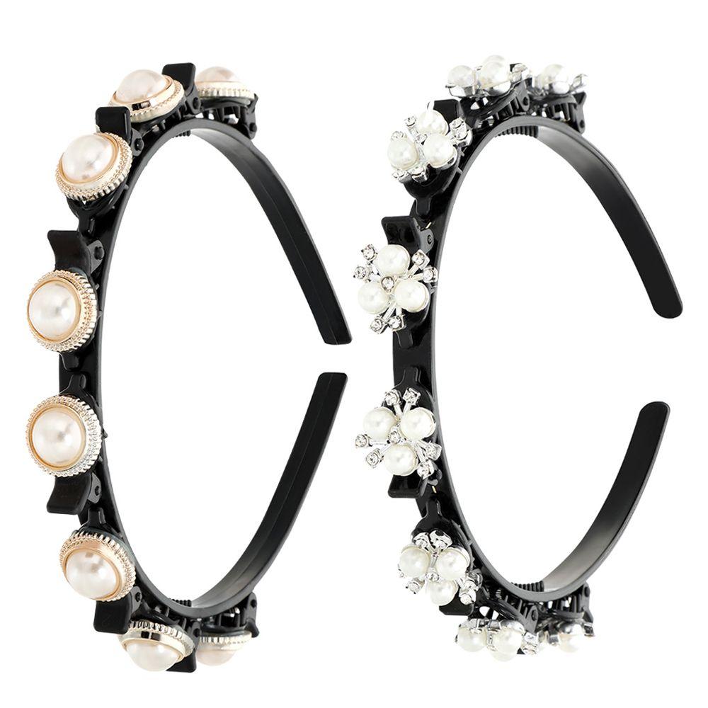 

2PCS Fashion Rhinestone Pearl Double Bangs Hairstyle Headbands Double Layer