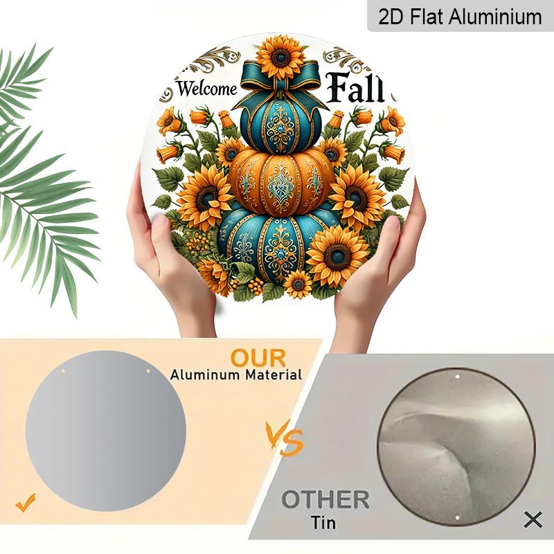 2D Flat, 1pc Round Waterproof Aluminum Hanging Sign, Vintage Welcome Fall Stacked Teal Orange Pumpkin Sunflower Bow Print, Farmhouse Metal Plaque