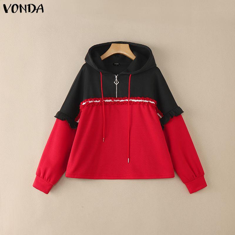 VONDA Autumn Women Long Sleeve Stitching Patchwork Thin Hooded Sweatshirts Pullovers S