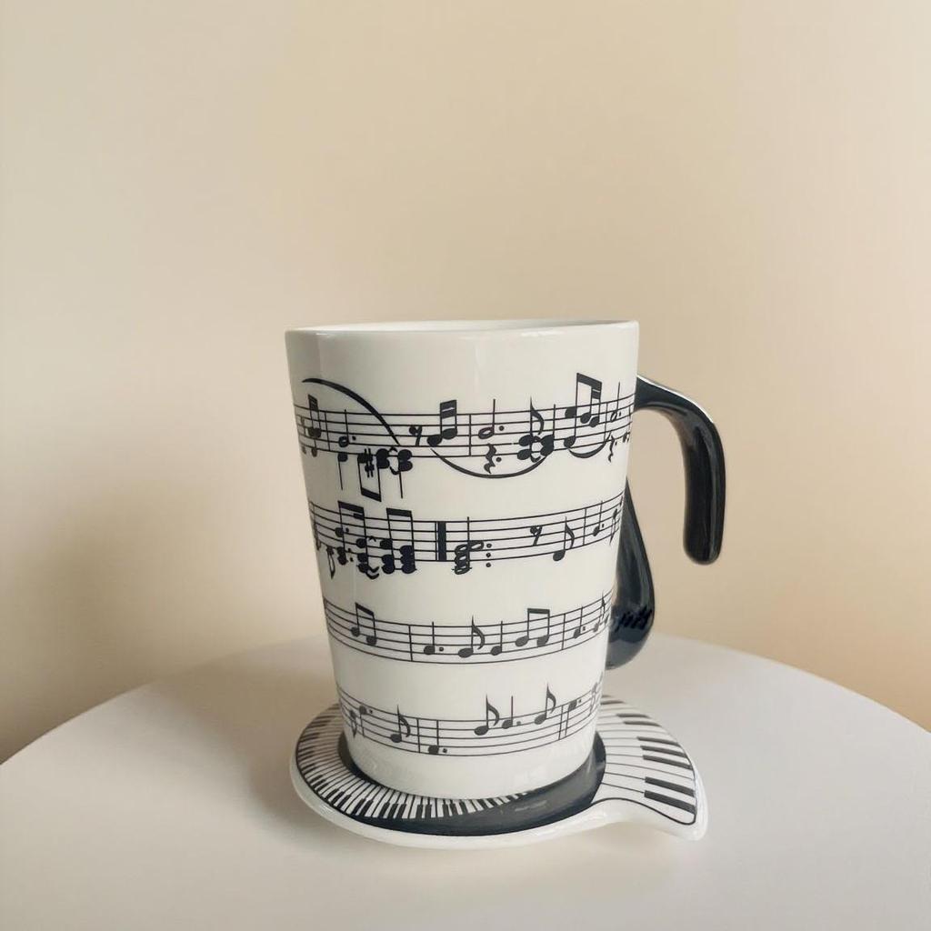 Irregular Shaped Ceramic Mug with Musical Notes and Lid - Gift or Advertising Cup