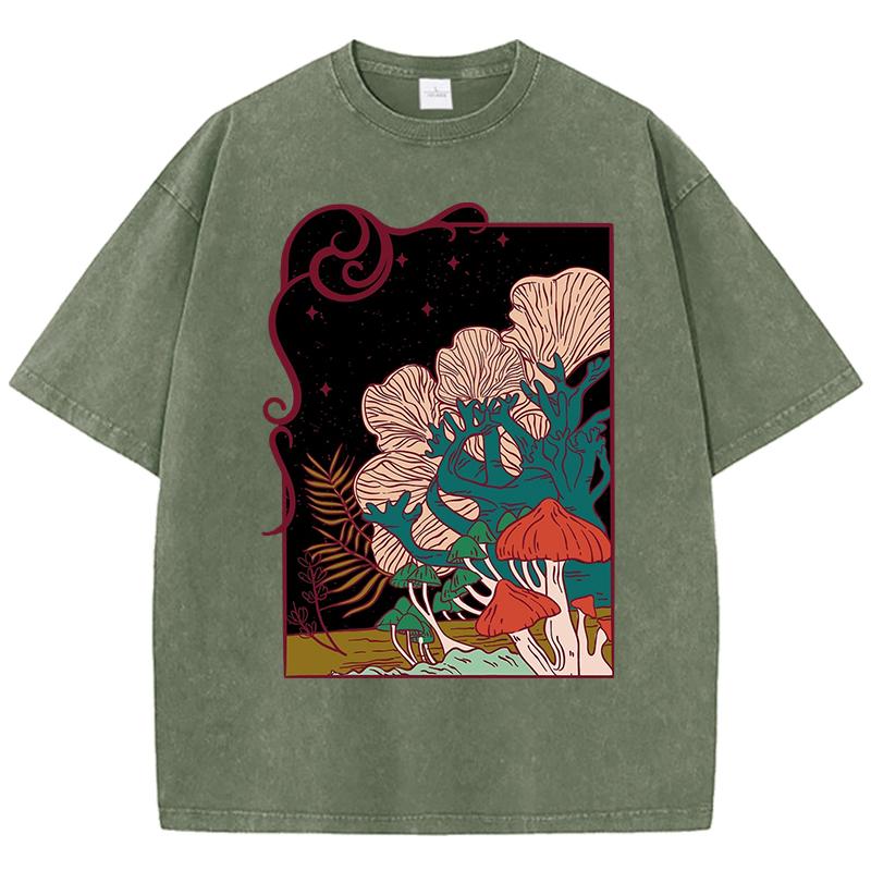 Cottagecore Garden Mushrooms Print Women Washed T Shirts Hip Hop Summer T-Shirt Loose Clothes Cotton Streetwear