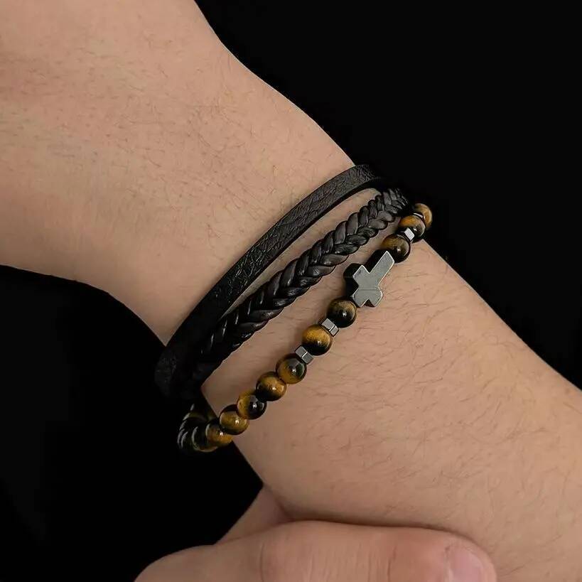KunJoe Vintage Multi-Layer Woven Bracelet Men Punk Cross Charm Stainless Steel Bracelet Fashion Braided Wrap Wristbands Jewelry