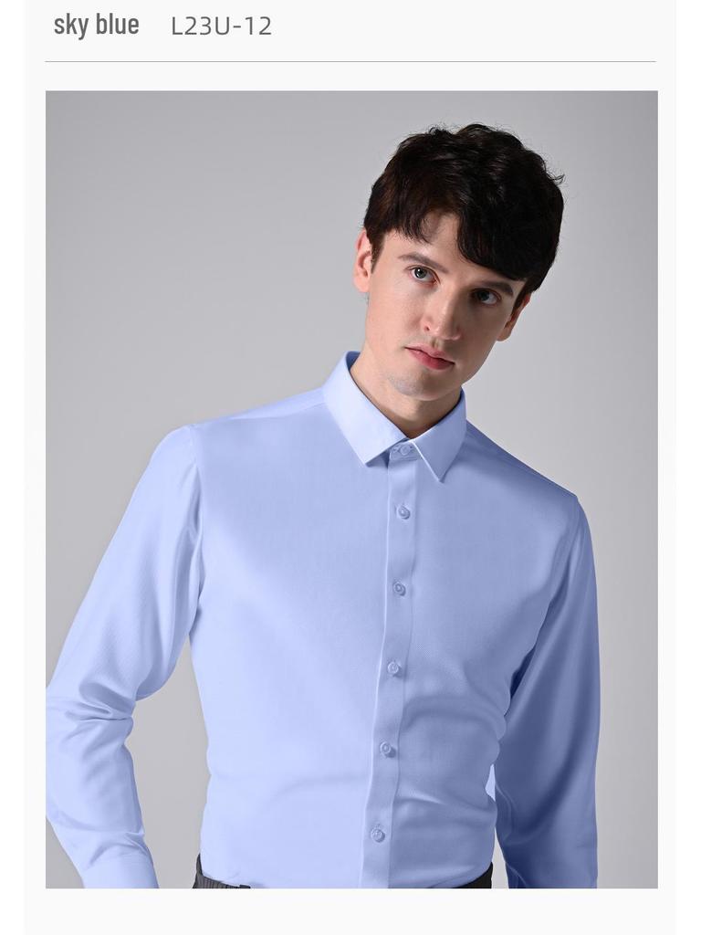 Men's Slim Fit Long Sleeve Modal Tencel Wool Shirt - Iron-Free, Machine Washable, Solid Color, Business Attire.