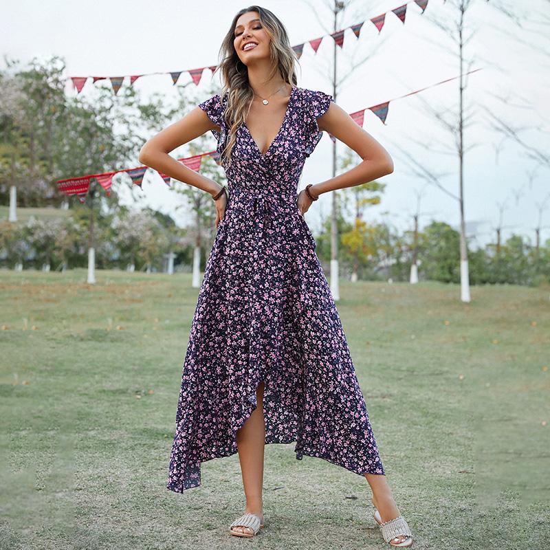 Women's Bohemian Floral Print V-Neck Tie Waist Maxi Dress Rayon Beach Vacation Flowy A-Line