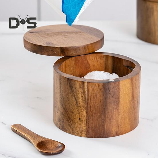2-Layer Salt And Pepper Bowl with Spoon Magnetic Swivel Lid Dustproof Seasoning Box Rotatable Design Kitchen Helper for Serving