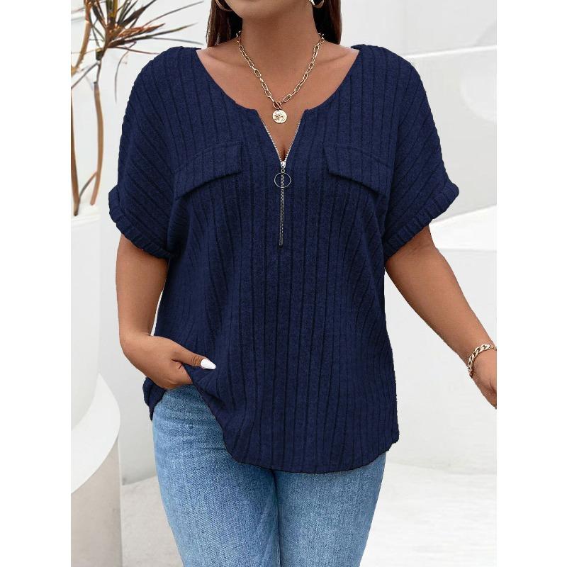 QICED Women's Fashion Casual Solid Color Print Short Sleeve V Neck Blouses & Shirts