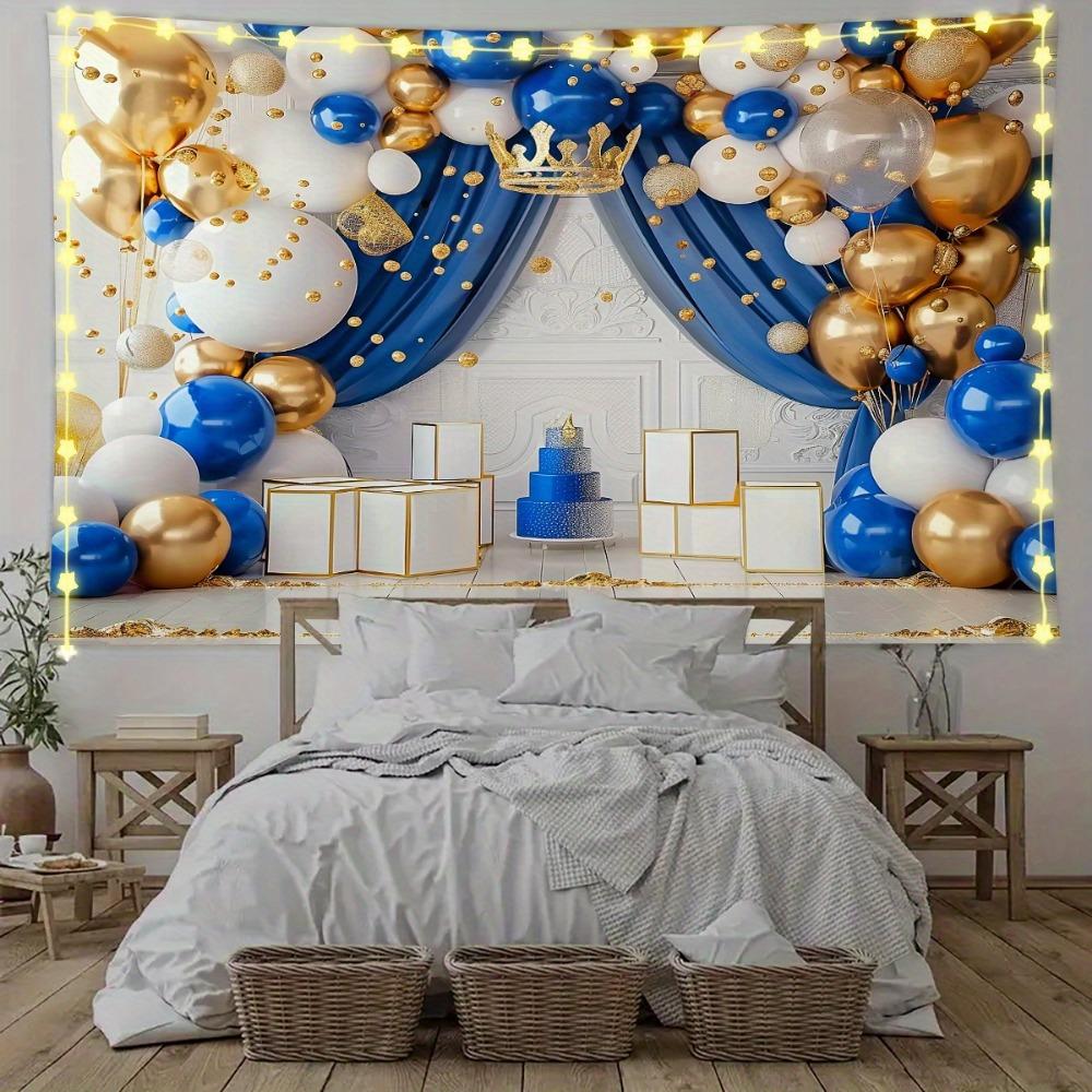 Royal Blue and Gold Crown Birthday Party Background - Multifunctional polyester banner for photography, room decoration, etc