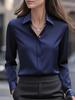 Women's 2026 Autumn Satin Lapel Shirt - Long Sleeve Solid Color Top