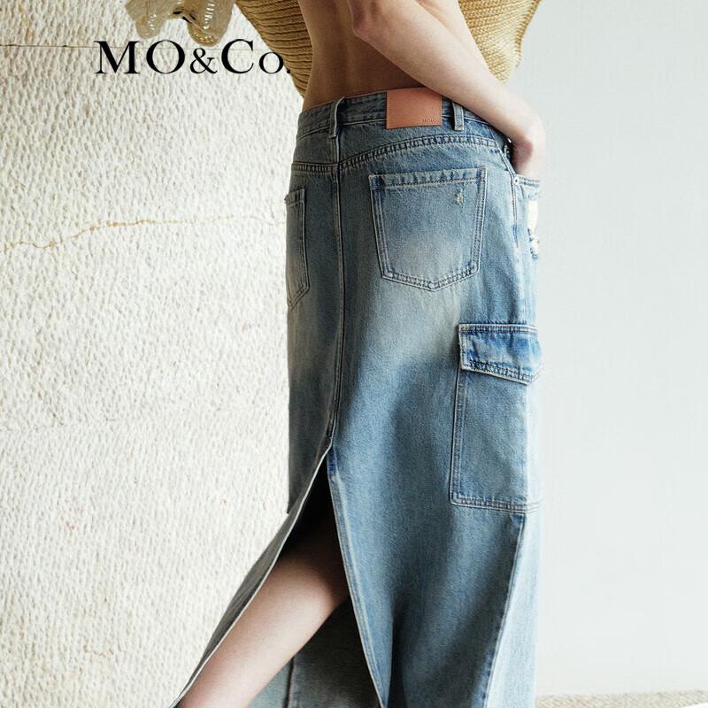 MO&Co. High-Waist Distressed Slit Denim Skirt