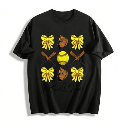 Softball Vibes Bow Print Casual Tee Softball Lover Game Day Top Pure Cotton T-shirt