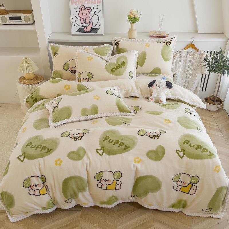 Double-Sided Thickened Milk Fleece Bed Four-Piece Set Of Fleece Lamb Fleece Children'S Quilt Cover Coral Fleece Bed Sheet To Keep Warm