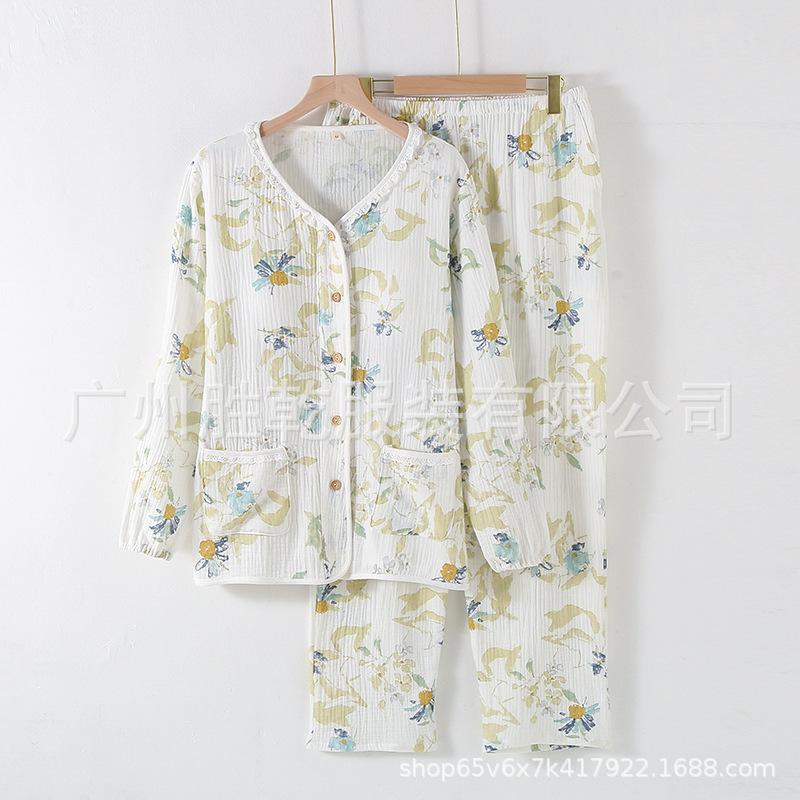 New pajamas women's pure cotton gauze double-layer crepe thin long-sleeved spring and autumn summer collarless cotton loungewear set