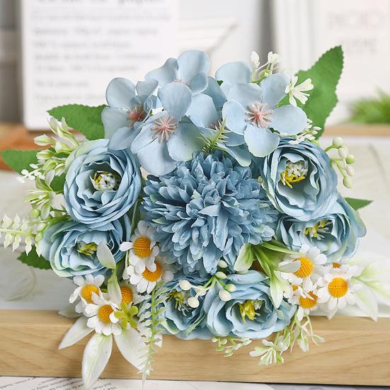 2 stk Falsk blomsterbukett Simulerte tusenfryd Realistisk hortensia Roser Kunstige blomster for Hjem Bryllupsdekorasjon Fotorekvisitter