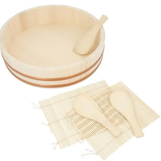 Hand-rolled Sushi Set (Temaki Sushi Set) Includes Rice Paddle (Shamoji) and Bamboo Rolling Mat (Makisu) | Color: Natural
