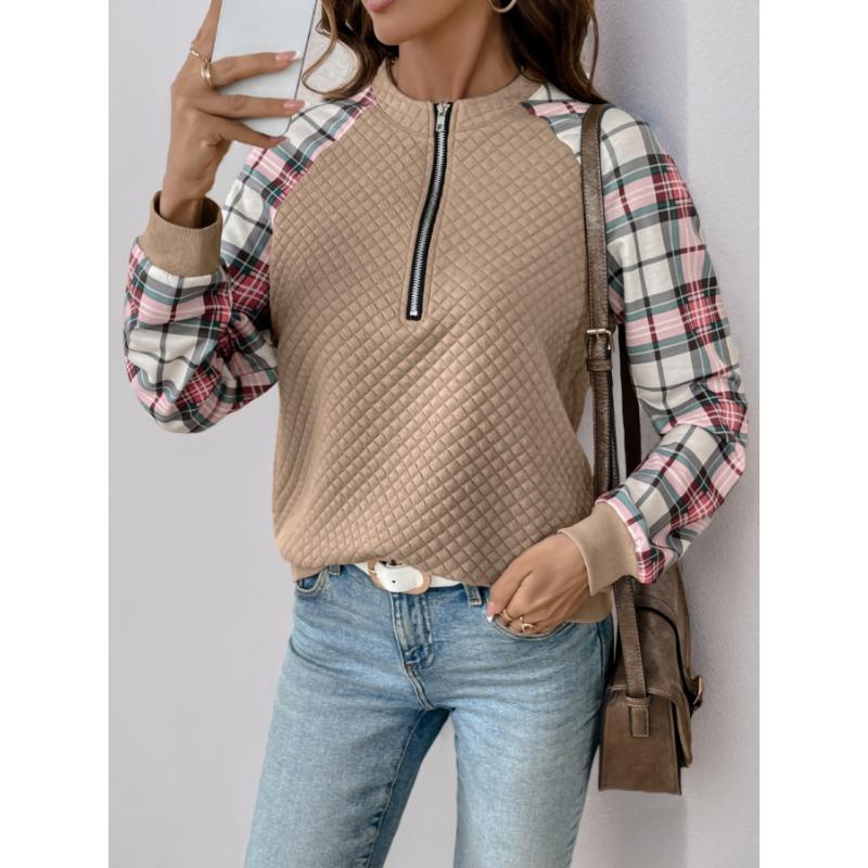 Women S Vintage Casual Loose Fit Plaid Patchwork Long Sleeve Sweatshirt