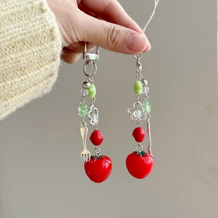 Creative Tomato Fork Keychain Phone Lanyard Resin Charm Decorative Accessory For Car Interior And Gifting