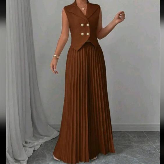 

Women s White Sleeveless Double-Breasted Blazer with Wide-Leg Pleated Pants Set XXL темно-коричневого кольору