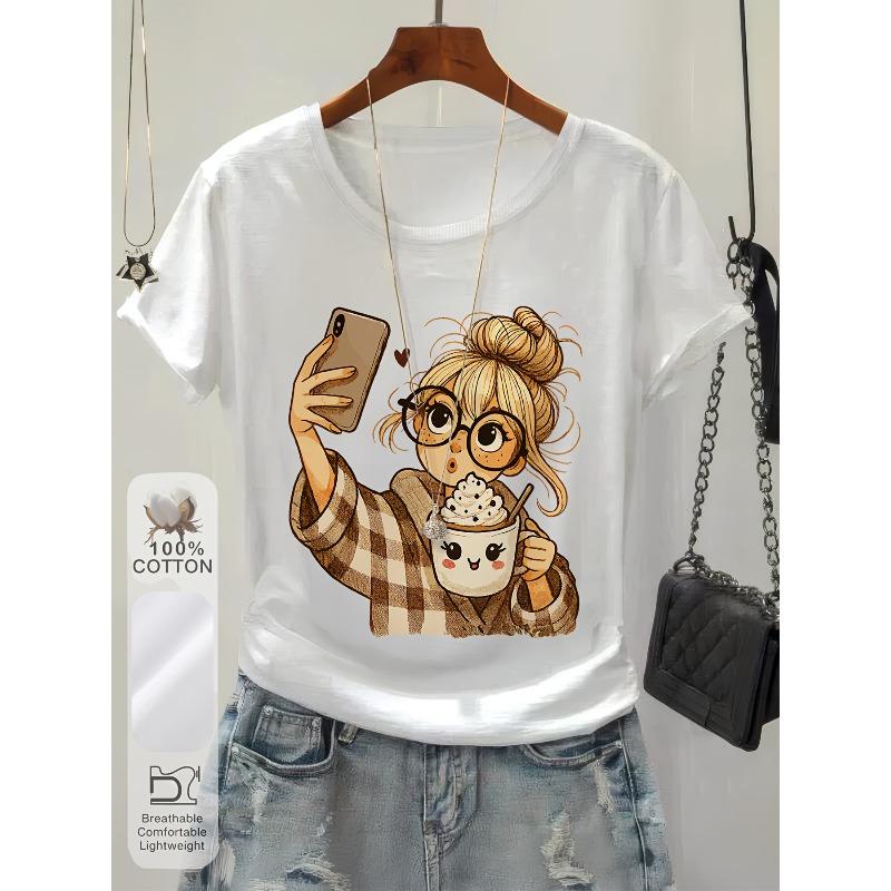 

Women s Coffee Cup Selfie Graphic Tee White Brown Accents Relaxed Fit Short Sleeve Spring Summer Casual Everyday Trendy Top 4XL білий