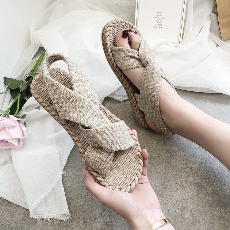 Women's Summer Roman Sandals - Woven Straw Linen with Elastic Band