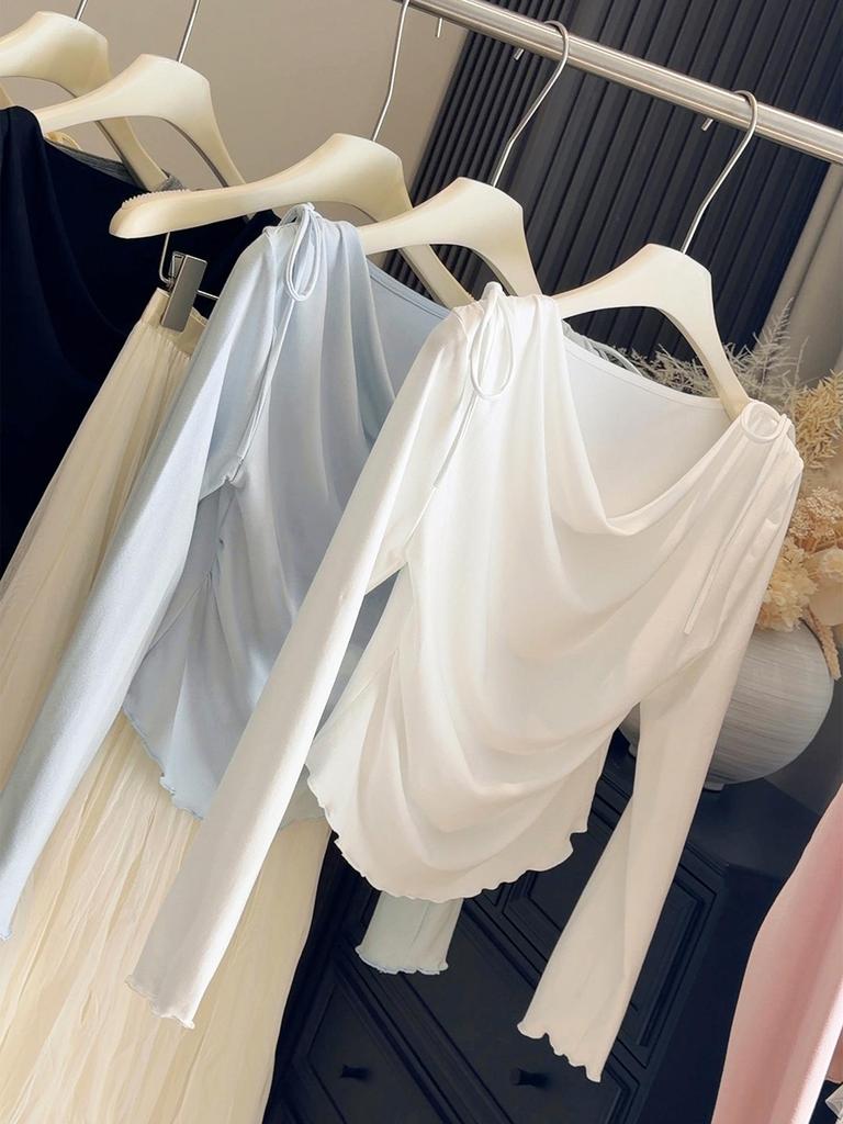 Korean Style Elegant Waist-Cinched Long-Sleeve Flowy Collar T-Shirt for Women - Slim-Fit Spring New Arrival