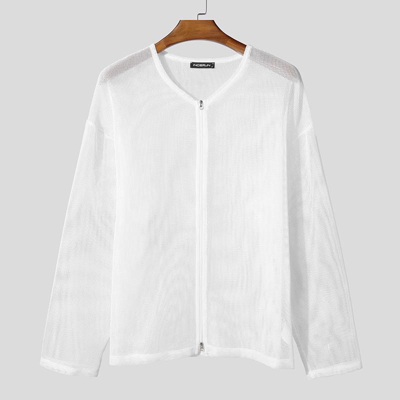 INCERUN Men Long Sleeve Mesh See Through Hollow Out Zipper Beach Shirts Tops