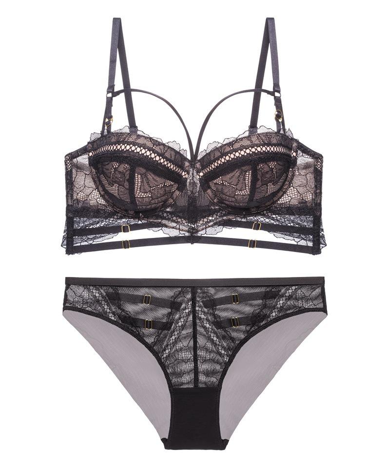 

Женский сексуальный кружевной комплект нижнего белья против провисания с поддерживающим бюстгальтером 80D чёрный