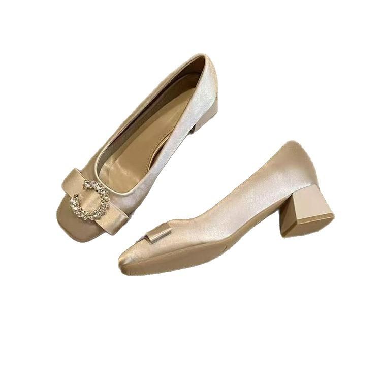 French gentle with skirt thick heel light mouth single shoes women's spring bow satin square head bridesmaid shoes high heels