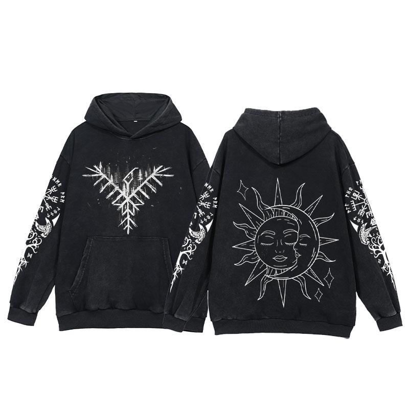 2024 Vikingové Mikiny Pánské Potisk Tetování Kyselý Wash Mikina Bavlna Volný Dlouhý Rukáv Pulovr Vintage Nadměrná Ležérní Mikina s Kapucí