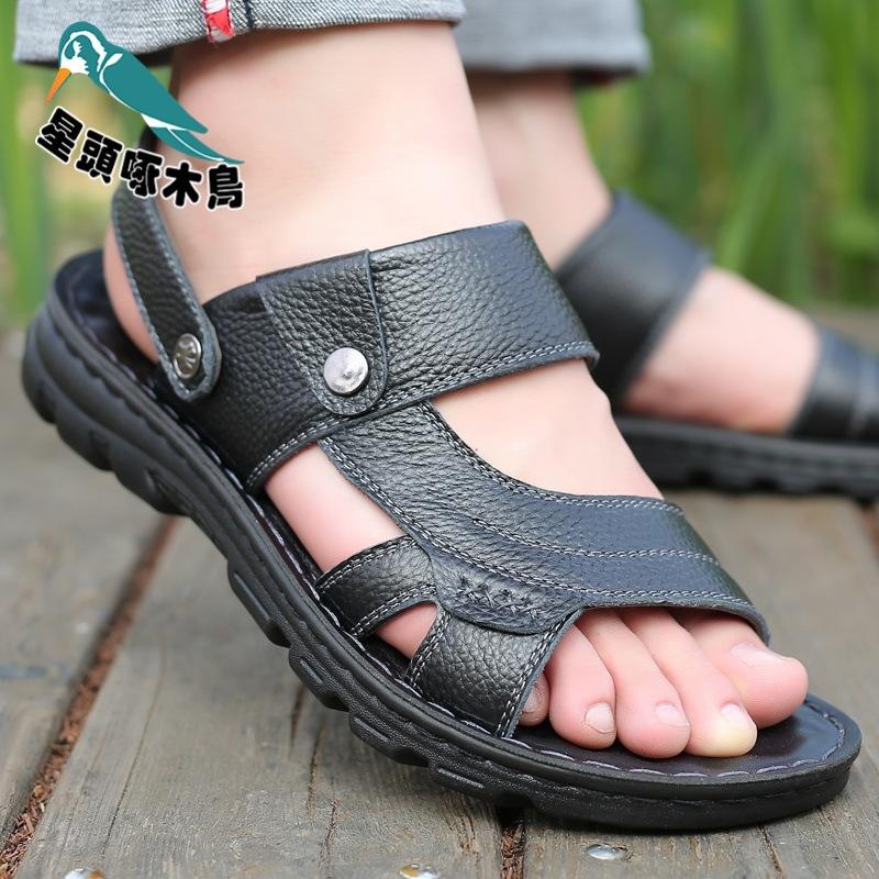 Woodpecker Sandals Men's Summer New Casual Leather Dad Shoes First Layer Cowhide Soft Sole Two Sandals