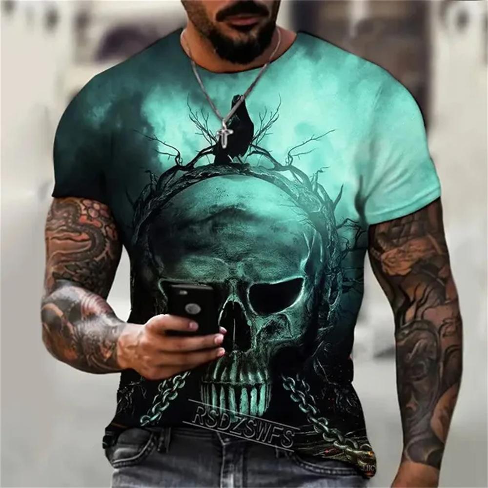 Summer Round Neck 3D Interesting and Terrifying Skull Pattern Print Top Fashionable Casual Short Sleeved Men's T-shirts