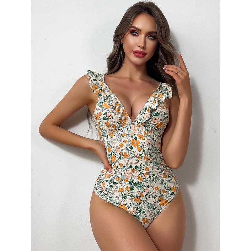 Ruffled One-piece Swimsuit For Women Sexy V-neck Lace Up Monokini Swimwear New Beach Bathing Suits Beachwear