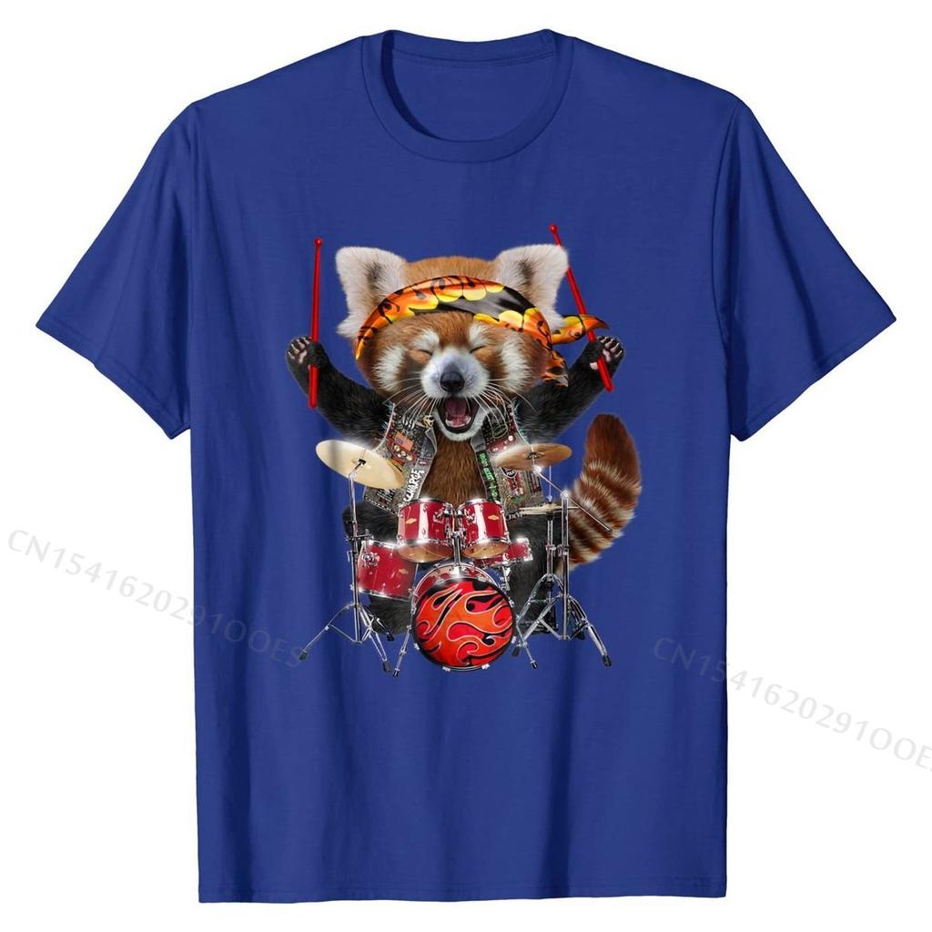 Punk Red Panda Play Drum In Heavy Metal Band - T-Shirt Europe Top T-shirts for Men Cotton Tops & Tees Personalized Classic