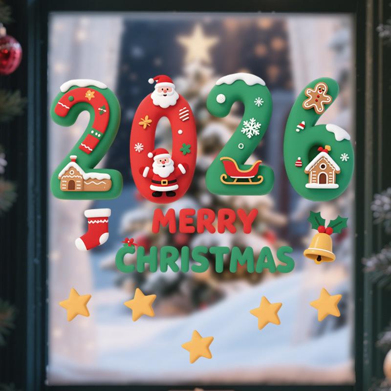 Christmas 2026 Cartoon 3D Digital Glass Sticker Shopping Mall Window Static Removable Window Sticker