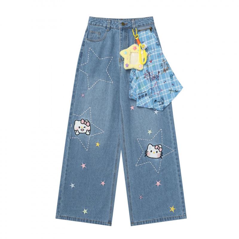 Guan Qu: Spring 26 American Street Style Cute Embroidered Denim Pants for Women Small