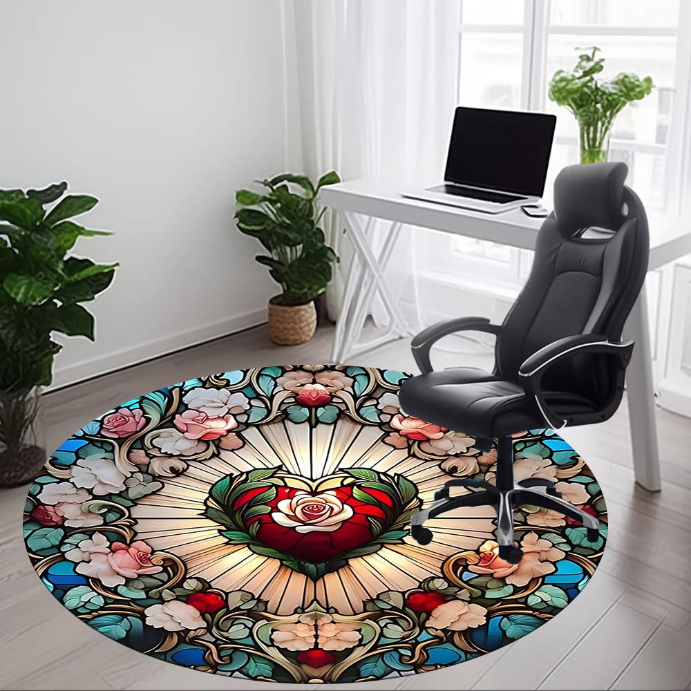 1pc Stained Glass HeartChair Carpet for Office, Indoor Non-Slip Washable Polyester Fiber Carpet, Mat For Office, Machine Washable