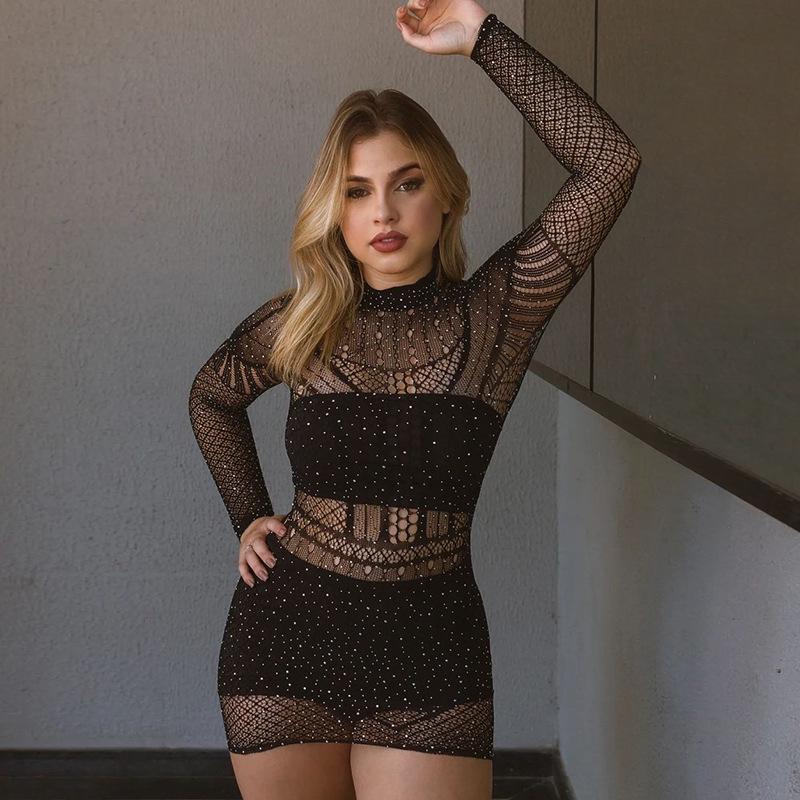 Danaiomei Damen Herbst Strass Cutout Halbochgeschlossenes Langarm Durchsichtiges Kleid T9130