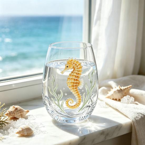 Clear Glass Cups for Party Stemless Wine Glasses with Marine Animal Pattern, 420ml Capacity, High Borosilicate Creative Gift Friends Cup, Round