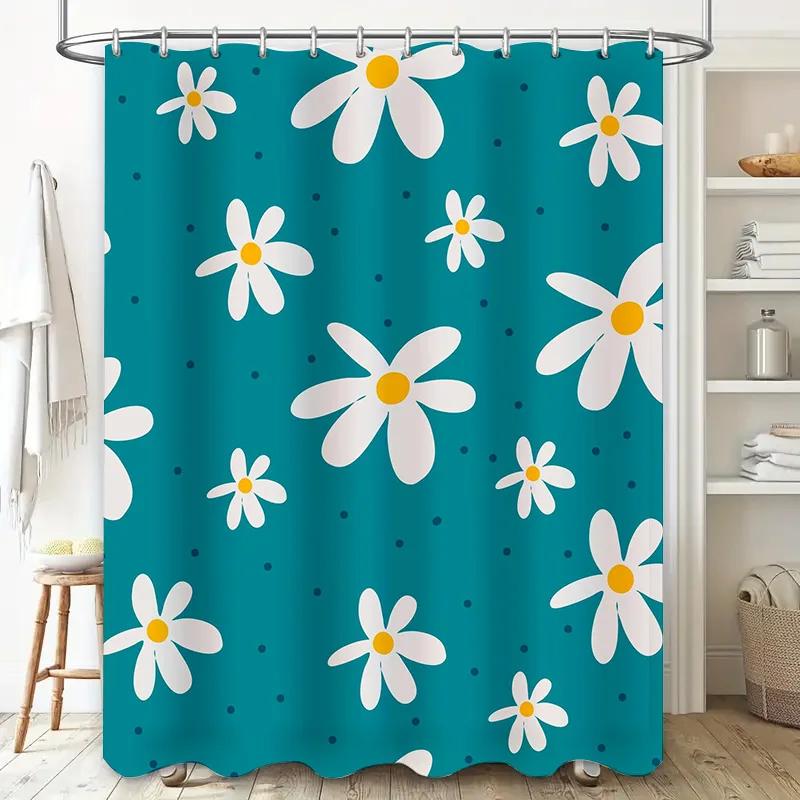 Daisy Blue Shower Curtain Polyester Fabric Waterproof Bath Decoration Home Decor White Flower Print