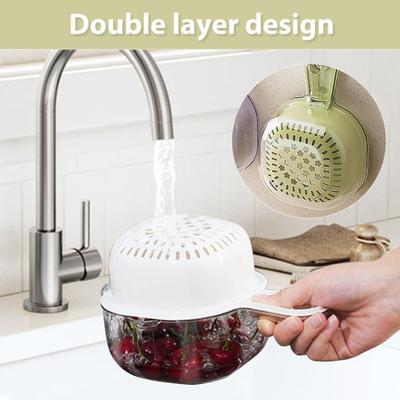 Yousheng Dual-Layer Drain Basket with Ergonomic Handle Large Capacity BPA Free Multi-Purpose Fruit Cleaning Bowl with Strainer