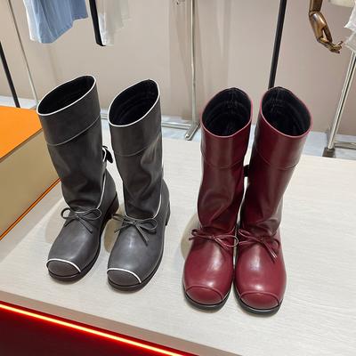 Designer Vintage Damen Ritterstiefel Mode Dicke Absätze Schuhe Frühling Herbst Damen Prägnante Mid-Calf Stiefeletten