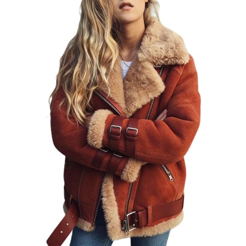 Women Motorcycle Style Loose Mid Length Suede Lamb Wool Cotton Coat