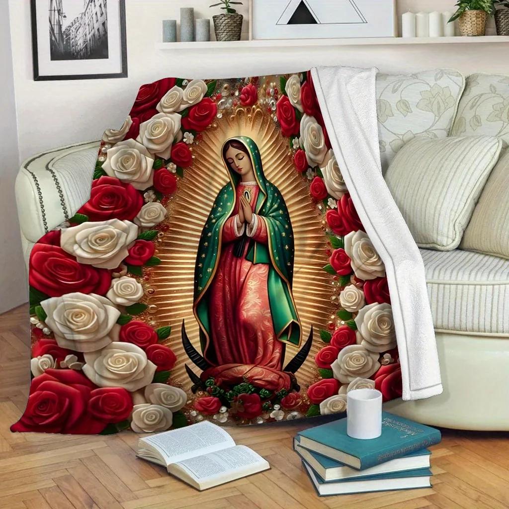 Virgin Mary with Roses Pattern Flannel Throw Blanket, All-Season Multipurpose for Home Decor, Nap,Office Shawl,Sofa,Travel