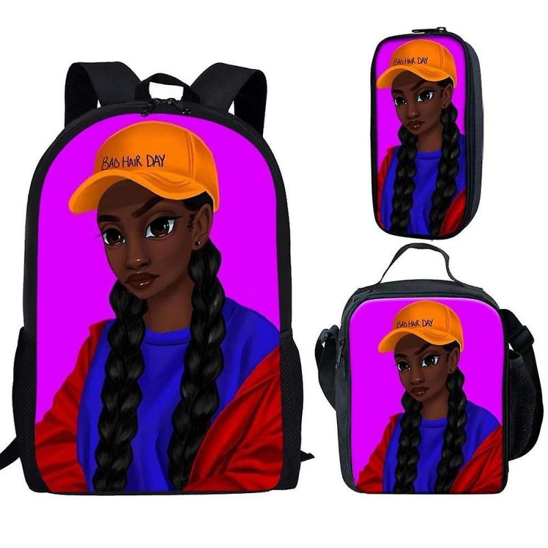 2023 African Girl Backpack 3pcs/set Students Boys Girls Schoolbag Pen Bag Lunch Bag Fashion Feminina Notebook Backpack