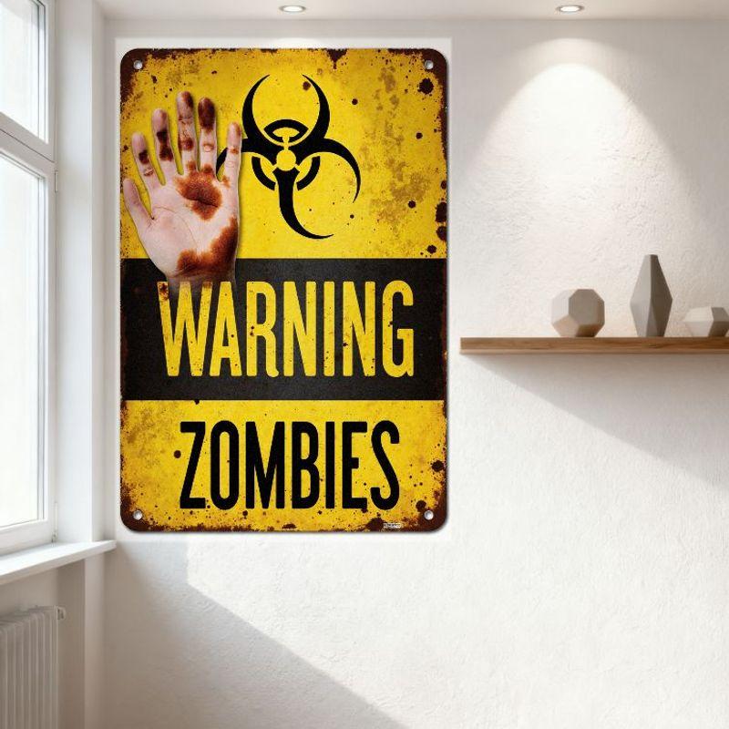Vintage Rusty Zombie Warning Metal Tin Sign Yellow Black Biohazard Hand Horror Humor Home Bar Man Cave Decor