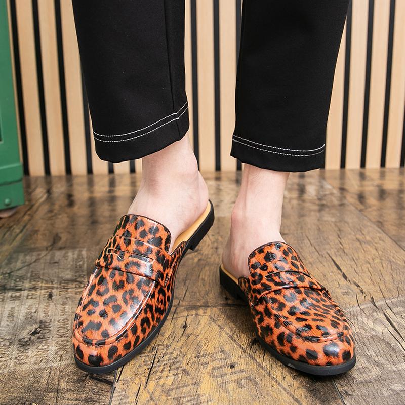 Men's Slippers Mule Loafers Leopard Print Leather Clogs Summer Dress Sandals Casual Backless Half-drag Shoes Plus Size