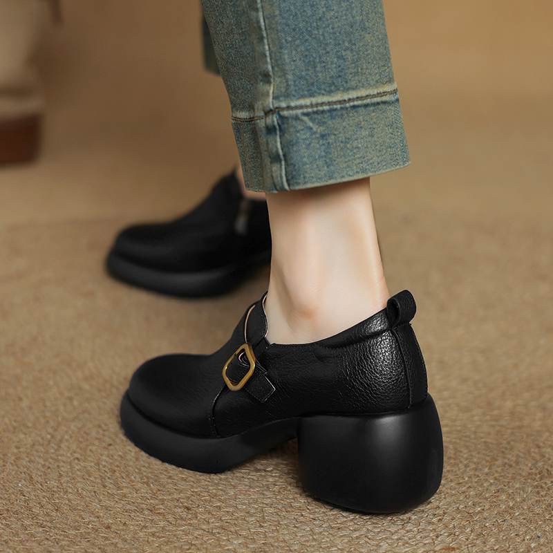 Krazing Pot cow skin Autumn Winter Shoes Metal Buckle Loafers chunky Heels Slip on Size 43 Round Toe Slip on Deep Mouth Pumps