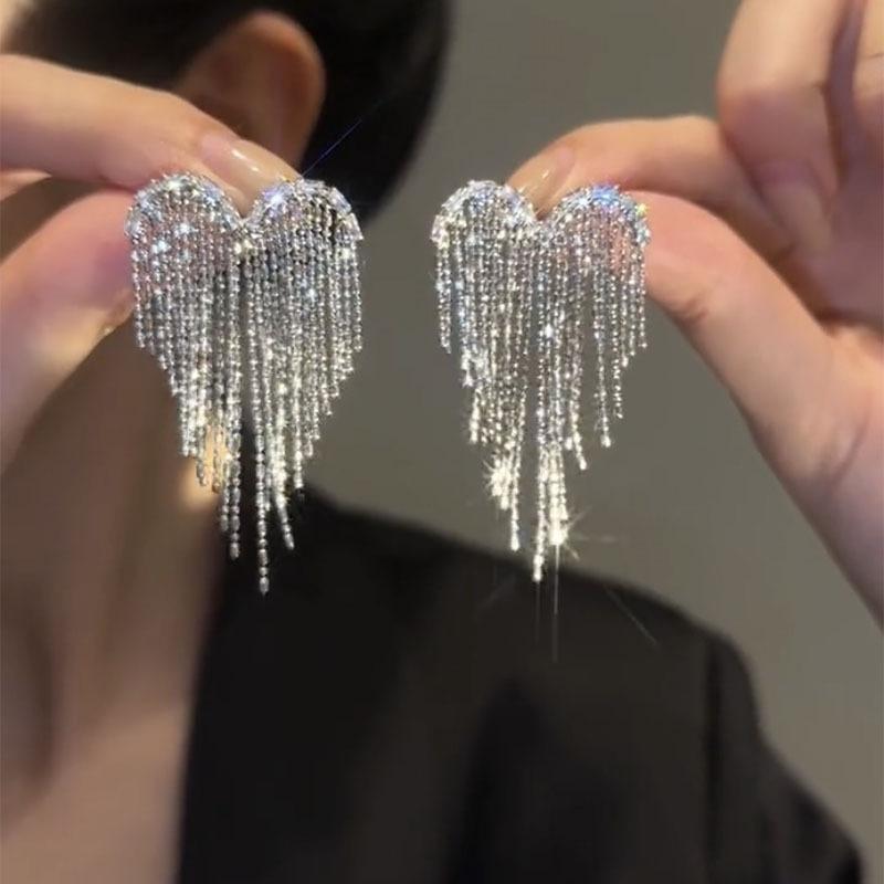 Серебряные Циркониевые Любовь Бахромчатые Бусины Бахромчатые Высококачественные Длинные Бахромчатые Серьги Преувеличенная Темперамент Атмосферные Французские Уши