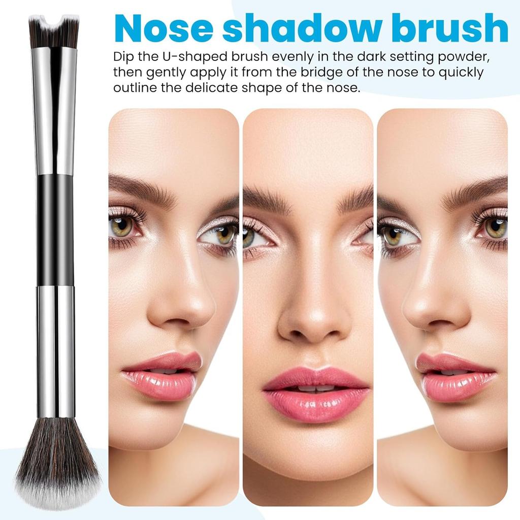 2 In 1 Nose Contour Brush, U-Shaped Nose Sculpting & Blush Brush Dual-Ended Fluffy Contouring Brushes Precision Defining Angled Cheek Bones,